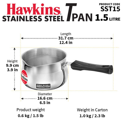 Hawkins 1.5 Litres Tpan, Stainless Steel Tea Pan, Induction Base Sauce Pan, Chai Pan, Small Pan - SST15