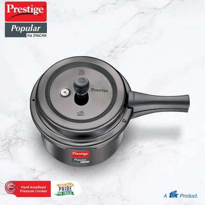 Prestige Popular Svachh Hard Anodised Pressure Cooker 3.0 Litres, Black, Deep Lid-Controls Spillage - 20335