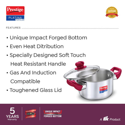 Prestige Platina Popular Stainless Steel Casserole with Glass Lid 220mm - 36892