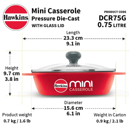 Hawkins Die-Cast Mini Casserole With Glass Lid 0.75 Litres, Oval Shaped Die-Cast pan for Cooking, Reheating, Serving and Storing, Red - DCR75G