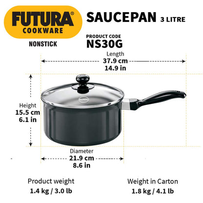Hawkins Futura Non-stick Sauce Pan With Glass Lid 3 Litres | 20cm, 3.25mm- NS 30G