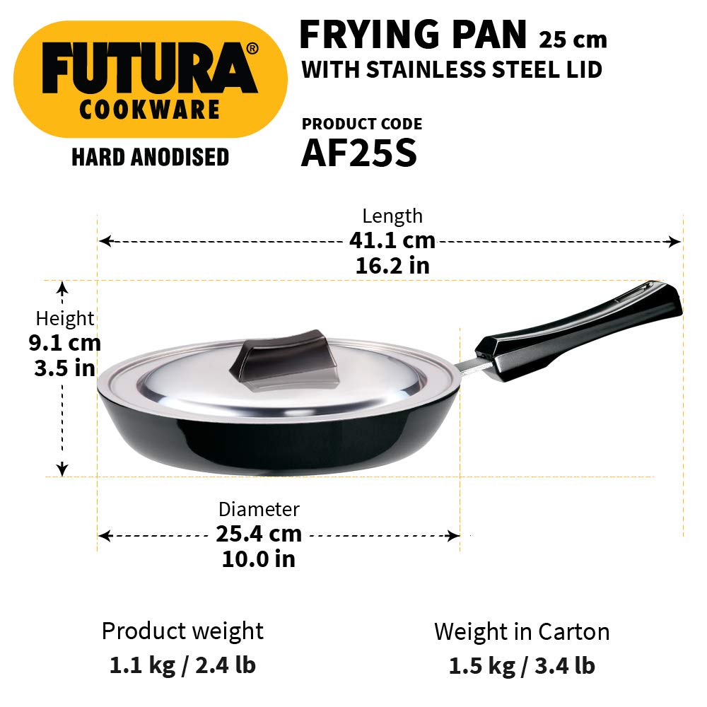 Hawkins Futura Hard Anodised Fry Pan With Stainless Steel Lid 25 cms | 4.06mm - AF 25S