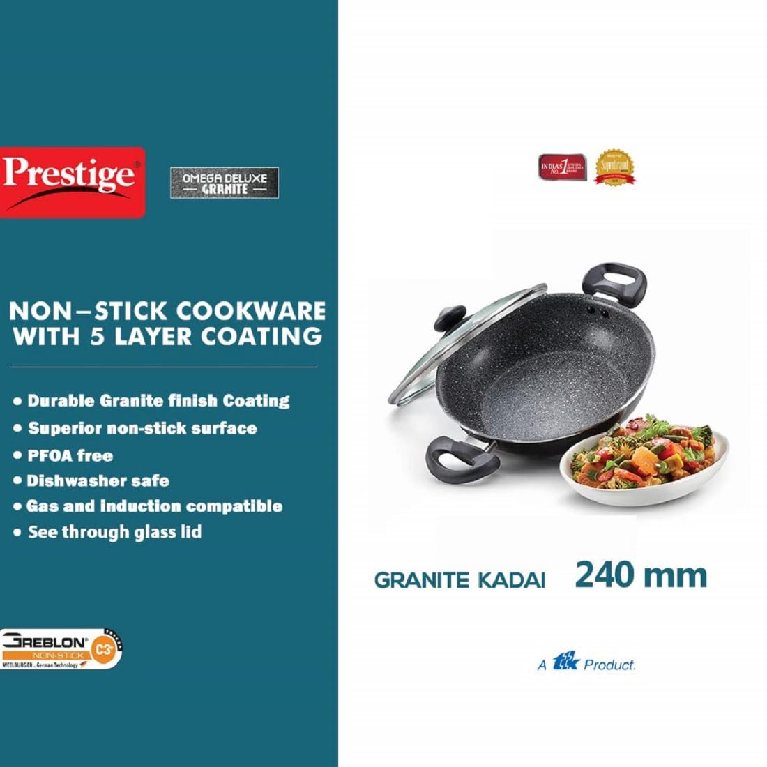 Prestige Omega Deluxe Granite Non-stick Kadhai, 24cms - 36310