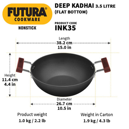 Hawkins Futura Non-stick Flat Bottom Induction Base Deep Kadhai, Fry Pan 3.5 Litres | 26 cms, 3.25mm - INK 35