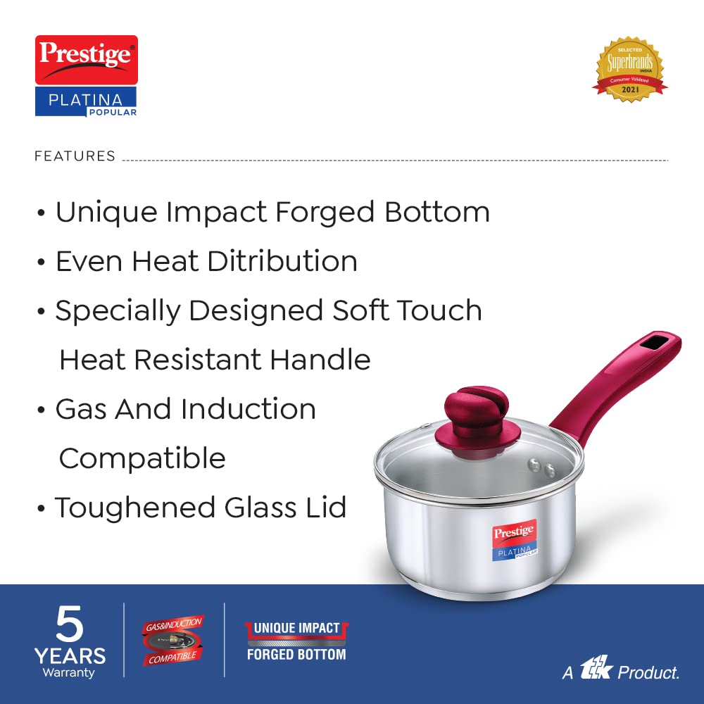 Prestige Platina Popular Stainless Steel Unique Impact Forged Bottom Sauce Pan with Glass Lid 140mm - 36881