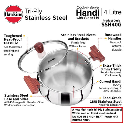 Hawkins Triply Stainless Steel Induction Base Cook n Serve Handi With Glass Lid 4 Litres | 22 cms - SSH 40G