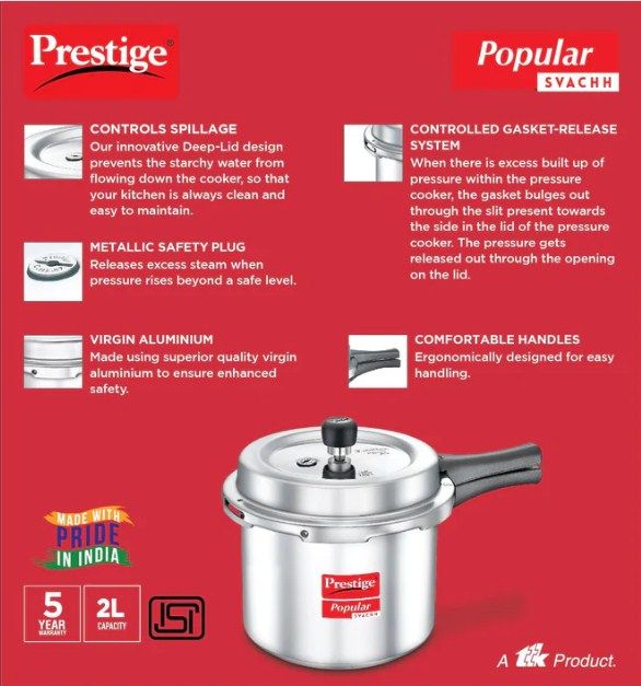 Prestige Popular Svachh Aluminium Outer Lid Pressure Cooker (Tall) 2.0 Litres - 10163