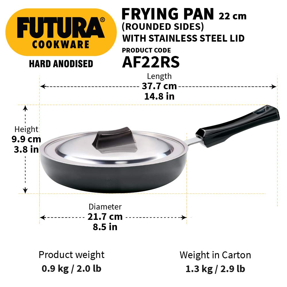 Hawkins Futura Hard Anodised Fry Pan, Rounded Sides With Stainless Steel Lid 22 cms | 4.06mm - AF 22RS