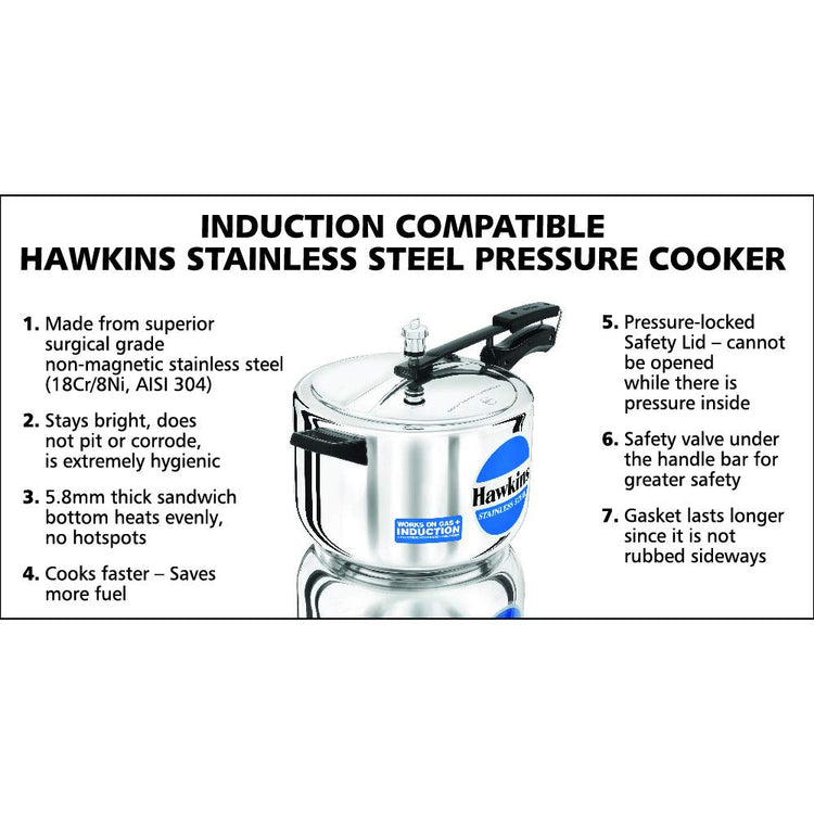 Hawkins Stainless Steel Induction Compatible Inner Lid Pressure Cooker, 8 Litres Wide - HSS80