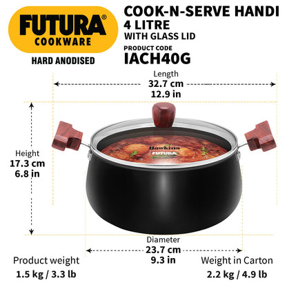 Hawkins Futura Hard Anodised Cook n Serve Handi With Glass Lid 4 Litres | 22cm, 3.25mm, Induction Base - IACH 40G