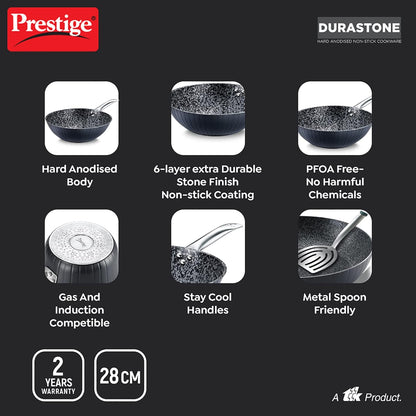 Prestige Durastone Hard Anodised 6 Layer Non-Stick Wok (28 cm, 3.5 Litre) - 38096