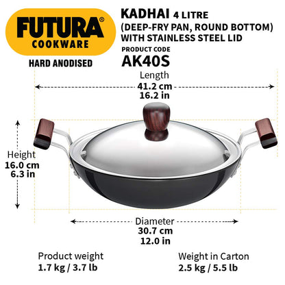 Hawkins Futura Hard Anodised Round Bottom Deep Fry Pan With Stainless Steel Lid 4 Litres | 30 cms, 4.06mm - AK 40S