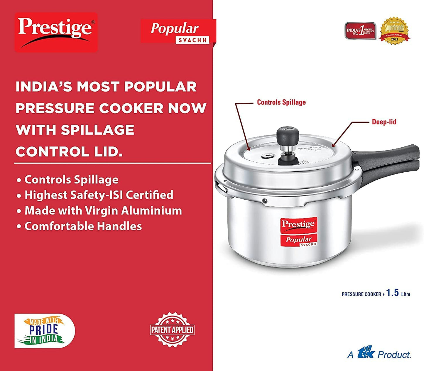 Prestige Popular Svachh Aluminium Outer Lid Pressure Cooker 1.5 Litres - 10162