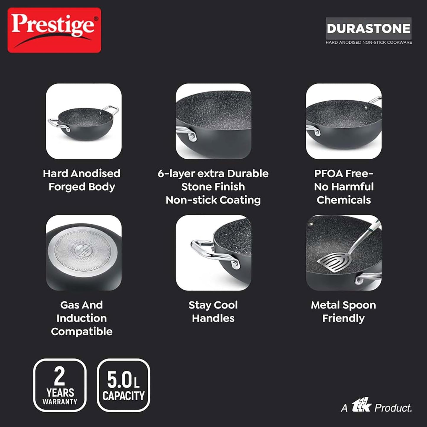 Prestige Durastone Hard Anodised Non-Stick Deep Kadai with Glass Lid | 6 layers extra durable stone finish | No harmful chemicals | Induction compatible | SS Stay cool handles