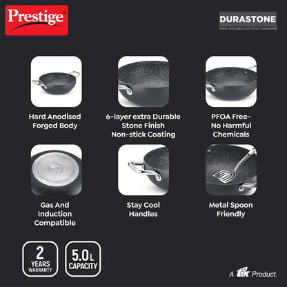 Prestige Durastone Hard Anodised Non-Stick Deep Kadai with Glass Lid | 6 layers extra durable stone finish | No harmful chemicals | Induction compatible | SS Stay cool handles