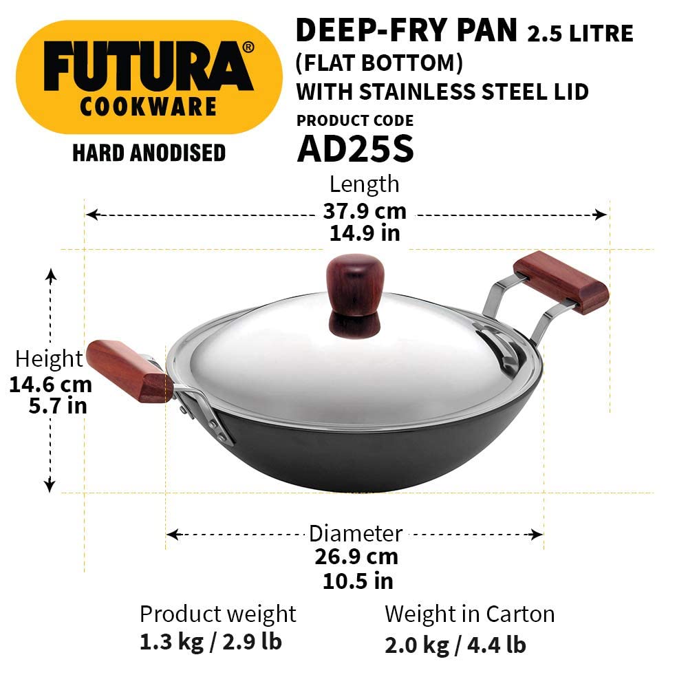 Hawkins Futura Hard Anodised Flat Bottom Induction Compatible Deep Fry Pan With Stainless Steel Lid 2.5 Litres | 26 cms, 4.06mm - IAD 25S