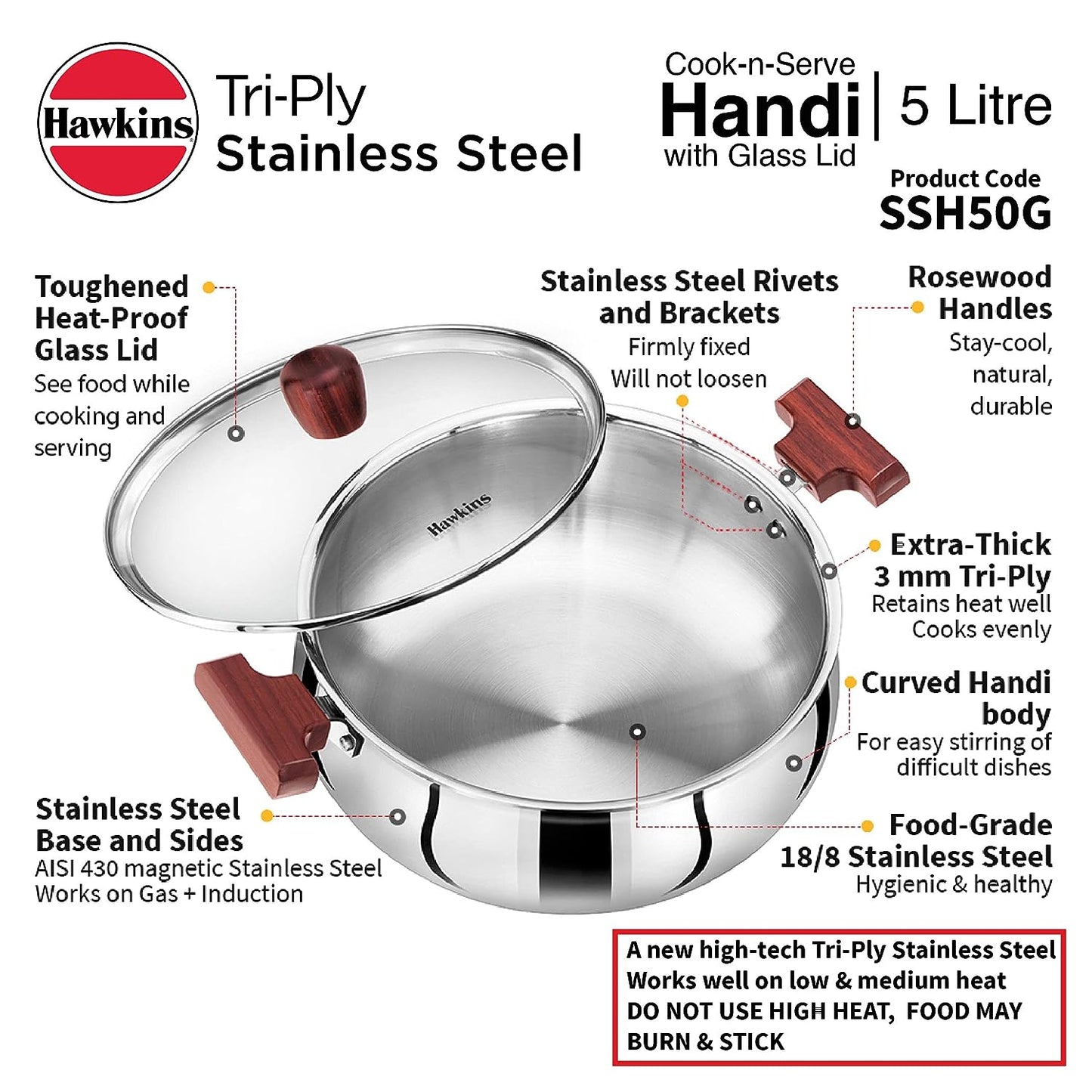 Hawkins Triply Stainless Steel Induction Base Cook n Serve Handi With Glass Lid 5 Litres | 26 cms - SSH 50G