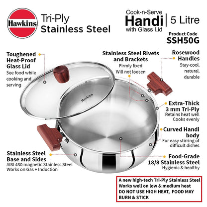 Hawkins Triply Stainless Steel Induction Base Cook n Serve Handi With Glass Lid 5 Litres | 26 cms - SSH 50G