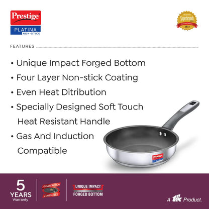 Prestige Platina Non-Stick SS Fry Pan Without Lid 240mm (Stainless Steel, Black) - 36224