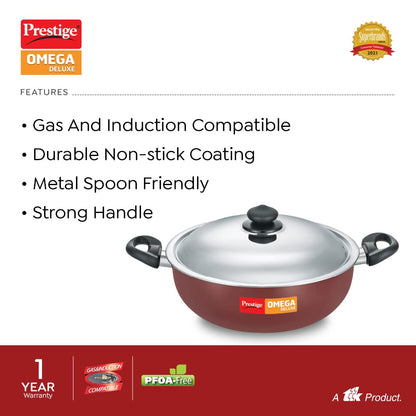 Prestige Omega Deluxe Induction Base Non-Stick Aluminium Kadhai With Stainless Lid Red 300mm - 37460