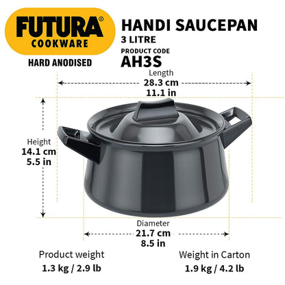 Hawkins Futura Hard Anodised Cook n Serve Handi (Sauce Pan), 2 Short Handle 3 Litres | 21cm, 4.06mm - AH 3S