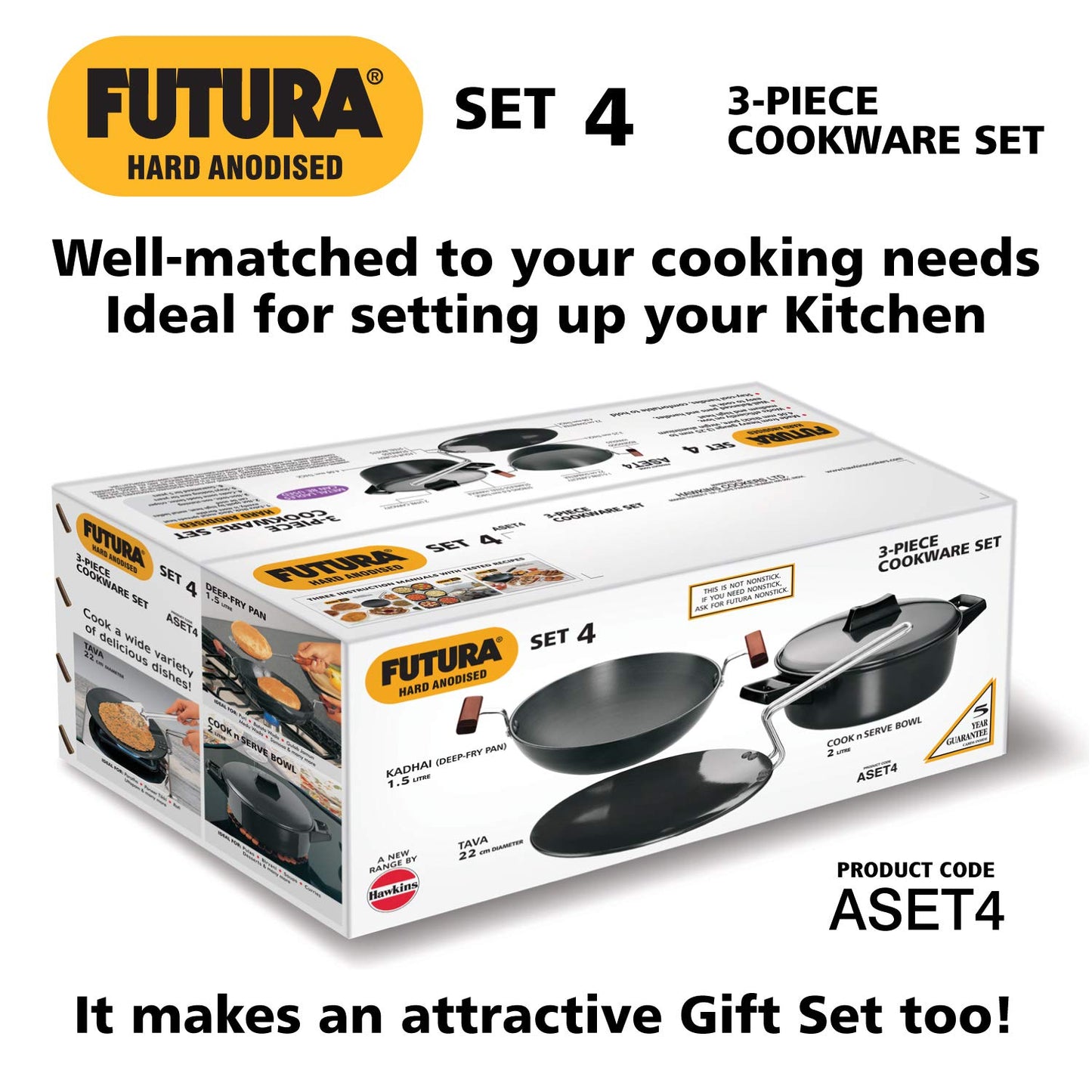 Hawkins Futura 3 Pieces Hard Anodised Cookware Set 4 - 22cm Tava, 2 Litres Cook and Serve Bowl with One Hard Anodised Lid and 1.5 Litres Deep Fry Pan - ASET4