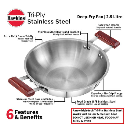 Hawkins Triply Stainless Steel Deep Fry Pan | Kadhai 2.5 Litres | 26cms, Flat Bottom Induction Base - SSD 25