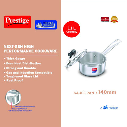 Prestige Tri-ply Splender Stainless Steel Sauce Pan with Lid 140mm | 1.1 Litres - 37416