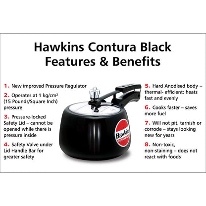 Hawkins Contura Hard Anodized Pressure Cooker, 3 Liters, Black - CB30