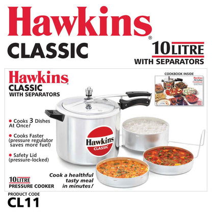 Hawkins Classic 10 Litres Inner Lid Pressure Cooker with Aluminium Separators - CL11