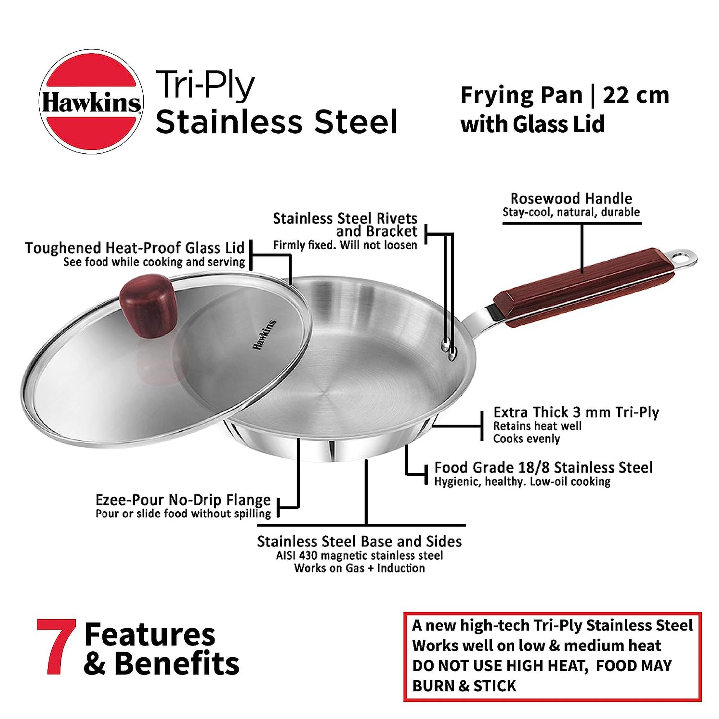 Hawkins Triply Stainless Steel Induction Base Fry Pan With Glass Lid 22cm - SSF 22G