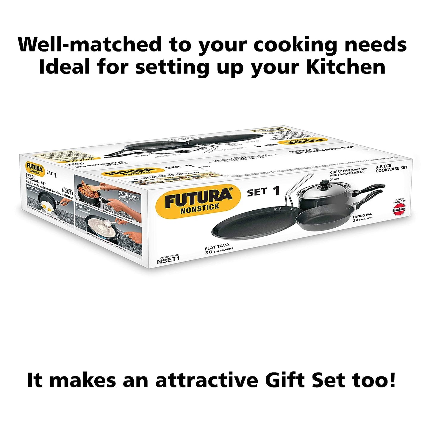 Hawkins Futura 3 Pieces Non Stick Cookware Set 1 - 30cm Flat Tava, 22cm Frying Pan and 2 Litres Curry Pan with One Stainless Steel Lid - NSET1