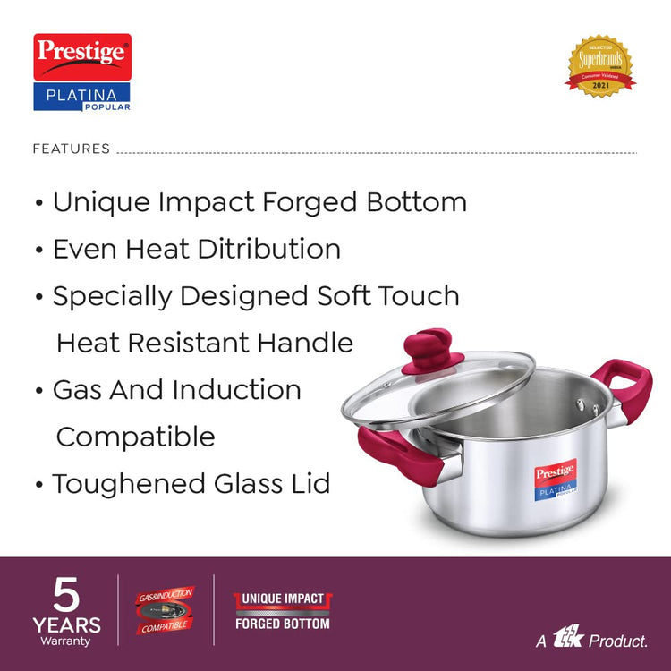 Prestige Platina Popular Stainless Steel Casserole with Glass Lid 200mm - 36891