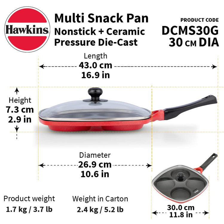 Hawkins Die-Cast Nonstick Multi Snack Pan with Glass Lid, Mini Uttapam Tawa, Pancake Pan, Red 30cms - DCMS 30G