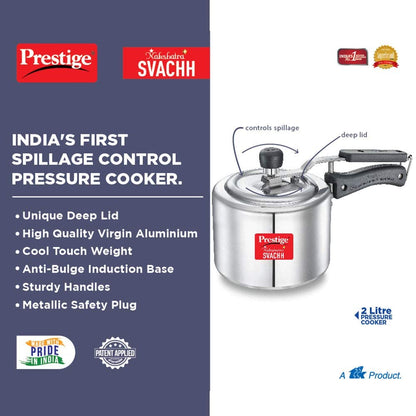 Prestige Svachh 2 Litres, Straight Wall Aluminium Inner Lid Pressure Cooker, with deep lid for Spillage Control - 10732