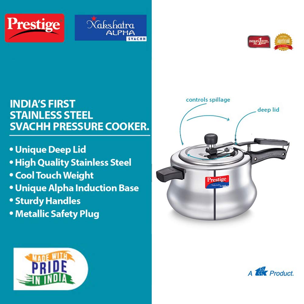 Prestige Nakshatra Alpha Svachh Handi Pressure Cooker, 5.5 Litres, with deep lid for Spillage Control (Inner Lid, Stainless Steel) - 20258