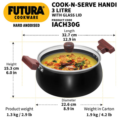 Hawkins Futura Hard Anodised Cook n Serve Handi With Glass Lid 3 Litres | 22cm, 3.25mm, Induction Base - IACH 30G