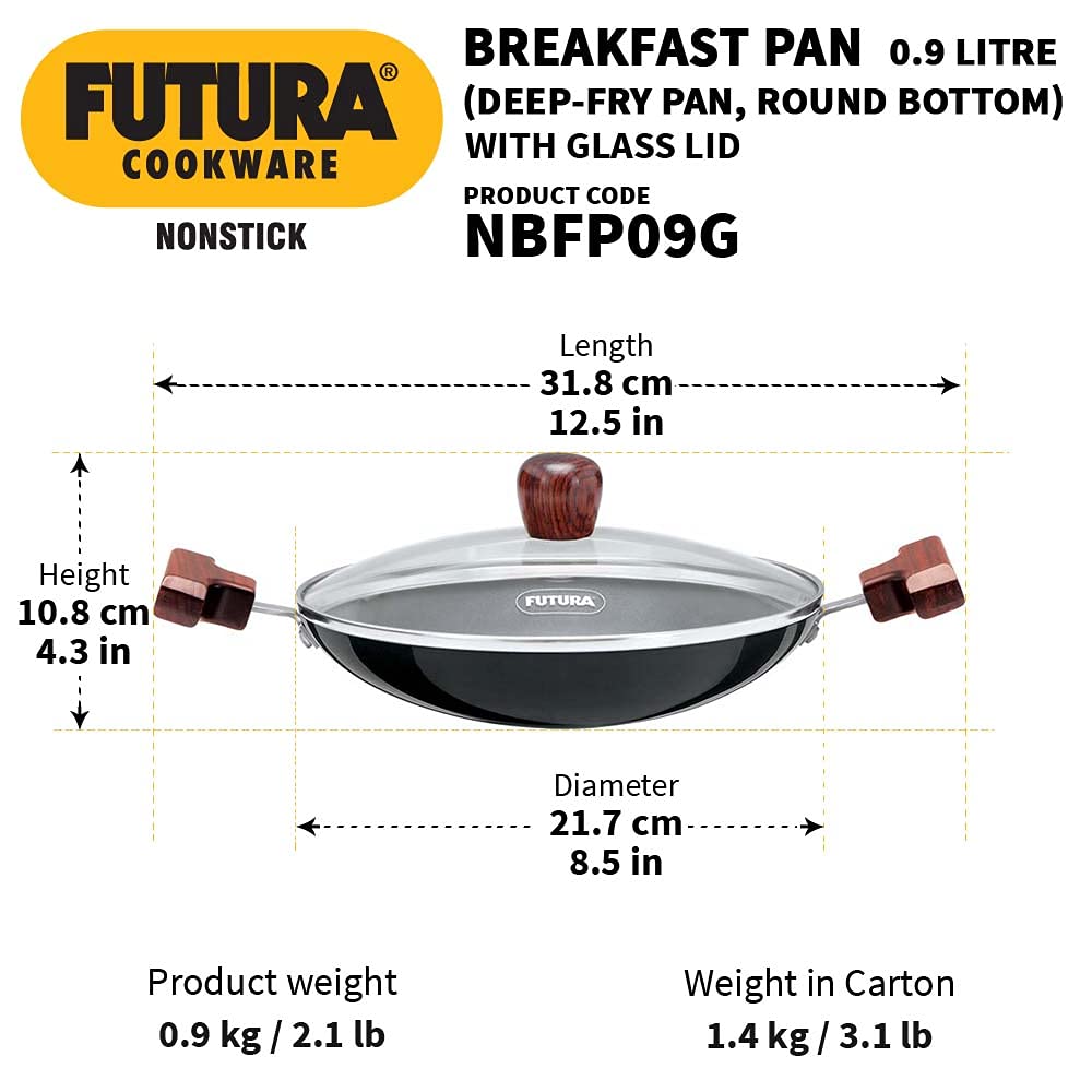 Hawkins Futura Non-stick Round Bottom Appachatty, Breakfast Pan 0.9 Litres | 22 cms, 3.25mm - NBFP 09G