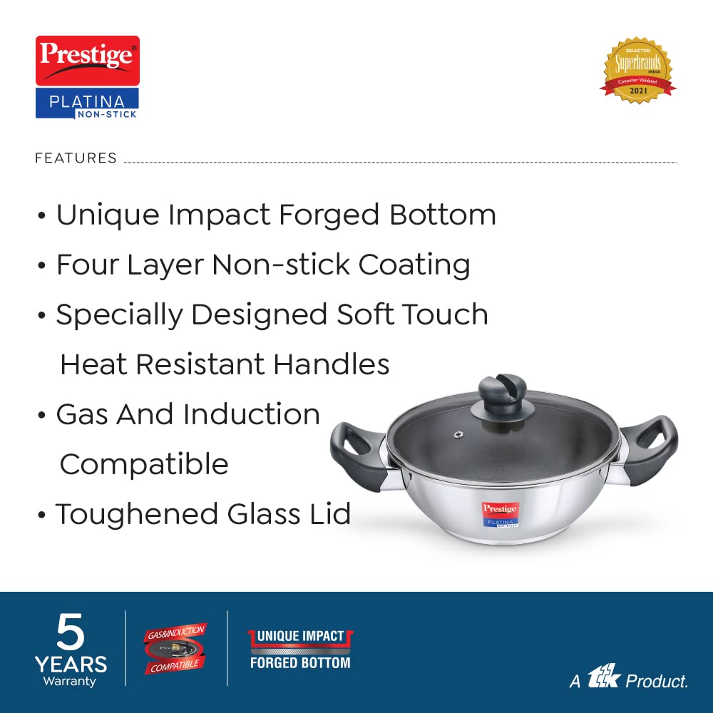 Prestige Platina Non-stick Stainless Steel Unique Impact Forged Bottom Kadai with Glass Lid 260mm - 36220