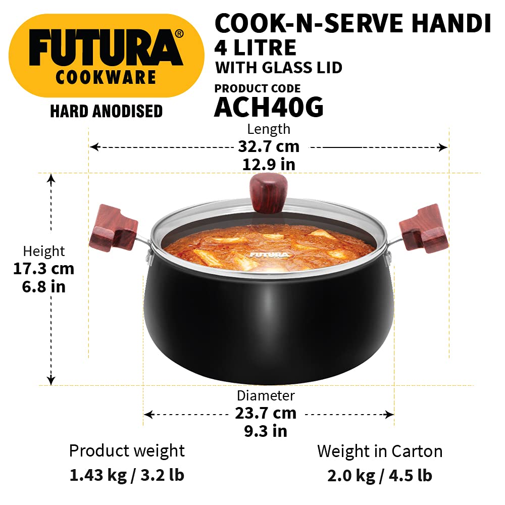 Hawkins Futura Hard Anodised Cook n Serve Handi With Glass Lid 4 Litres | 22cm, 3.25mm - ACH 40G