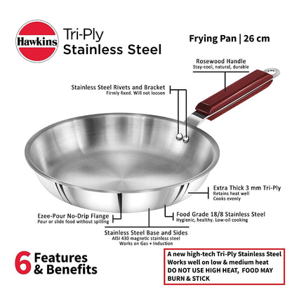 Hawkins Triply Stainless Steel Induction Base Fry Pan 26cm - SSF 26