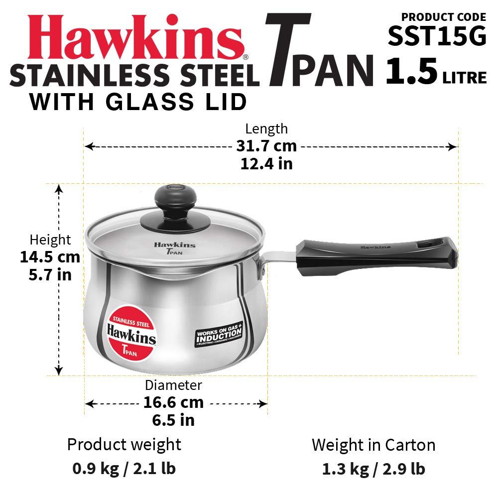 Hawkins 1.5 Litres Tpan With Glass Lid, Stainless Steel Tea Pan, Induction Base Sauce Pan, Chai Pan, Small Pan - SST15G