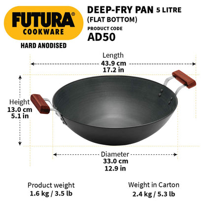 Hawkins Futura Hard Anodised Flat Bottom Deep Fry Pan 5 Litres | 33 cms, 4.06mm - AD 50