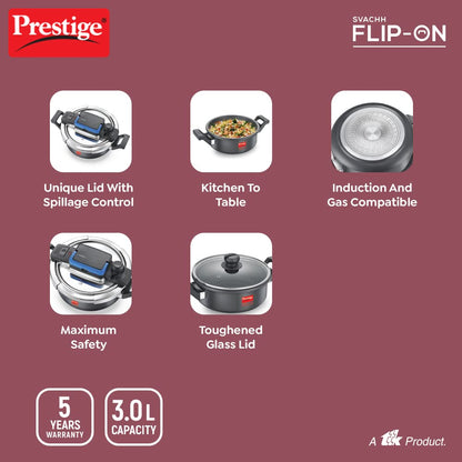 Prestige 3 Litres Svachh FLIP-ON Hard Anodised Pressure Cooker with glass lid | Innovative lock lid with spillage control | Gas & Induction compatible - 20160