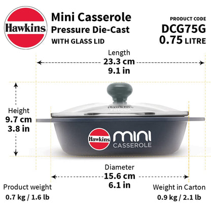 Hawkins Die-Cast Mini Casserole With Glass Lid 0.75 Litres, Oval Shaped Die-Cast pan for Cooking, Reheating, Serving and Storing, Grey - DCG75G