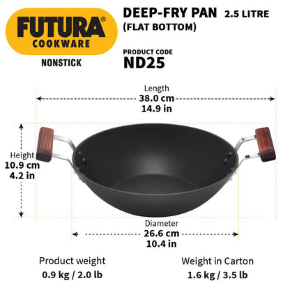 Hawkins Futura Non-stick Flat Bottom Deep Fry Pan 2 Litres | 26 cms, 3.25mm - ND 25