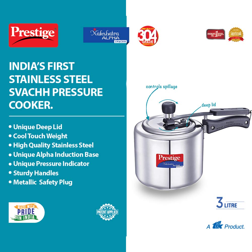 Prestige Nakshatra Alpha Svachh Stainless Steel, 3 Litres, Straight Wall, Spillage Control Pressure Cooker - 20245