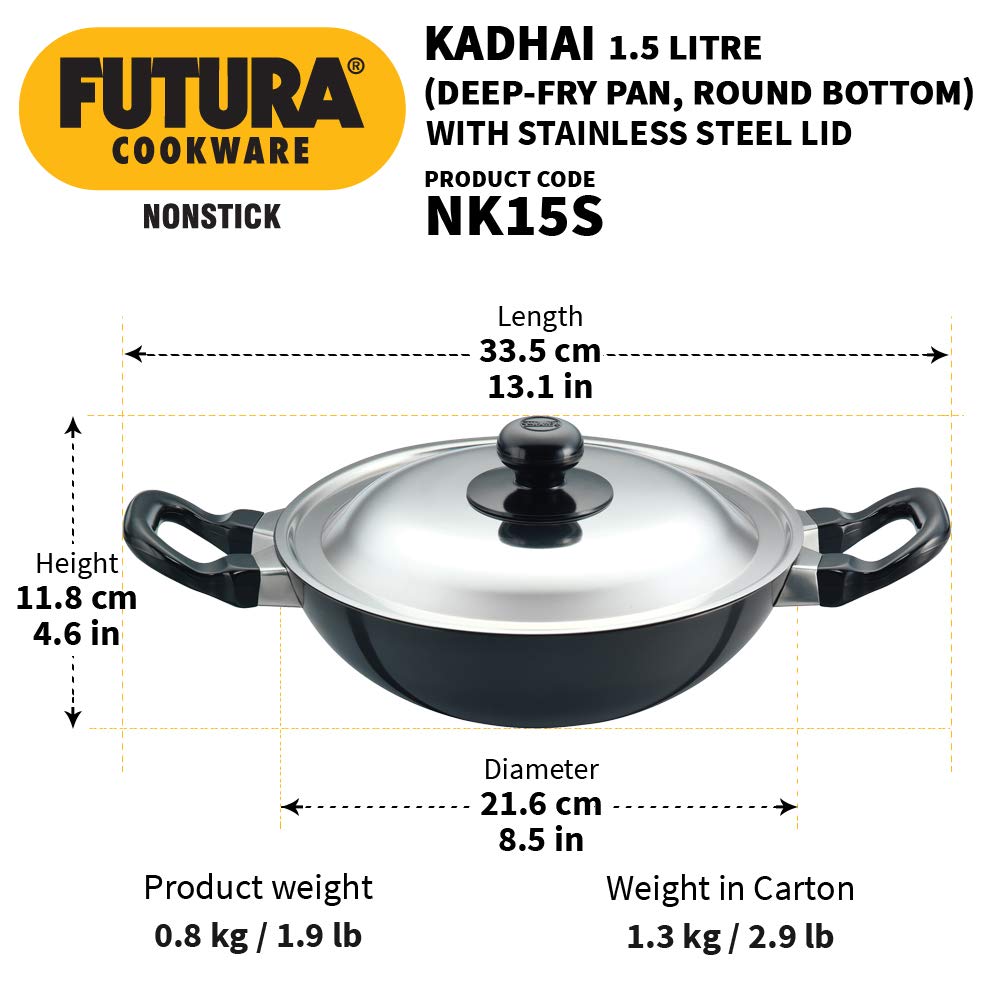 Hawkins Futura Non-stick Round Bottom Kadhai, Deep Fry Pan With Stainless Steel Lid 1.5 Litres | 22 cms, 3.25mm - NK 15S