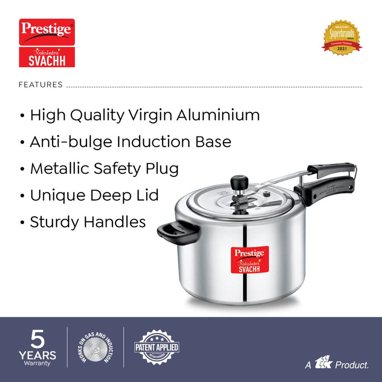 Prestige Svachh 8 Litres, Straight Wall Aluminium Inner Lid Pressure Cooker, with deep lid for Spillage Control - 10746