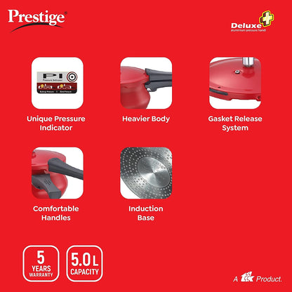 Prestige Deluxe Plus Induction Base Aluminium Outer Lid Pressure Handi, 5 Litres, Red - 10796